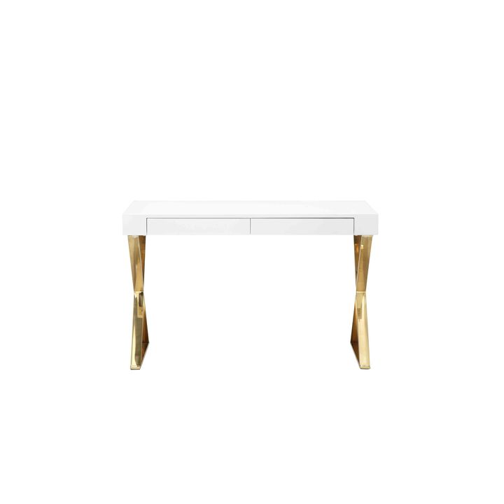 Rix 47 Inch Office Desk, 2 Drawers, Gold Metal Base, Rectangular, White - Benzara