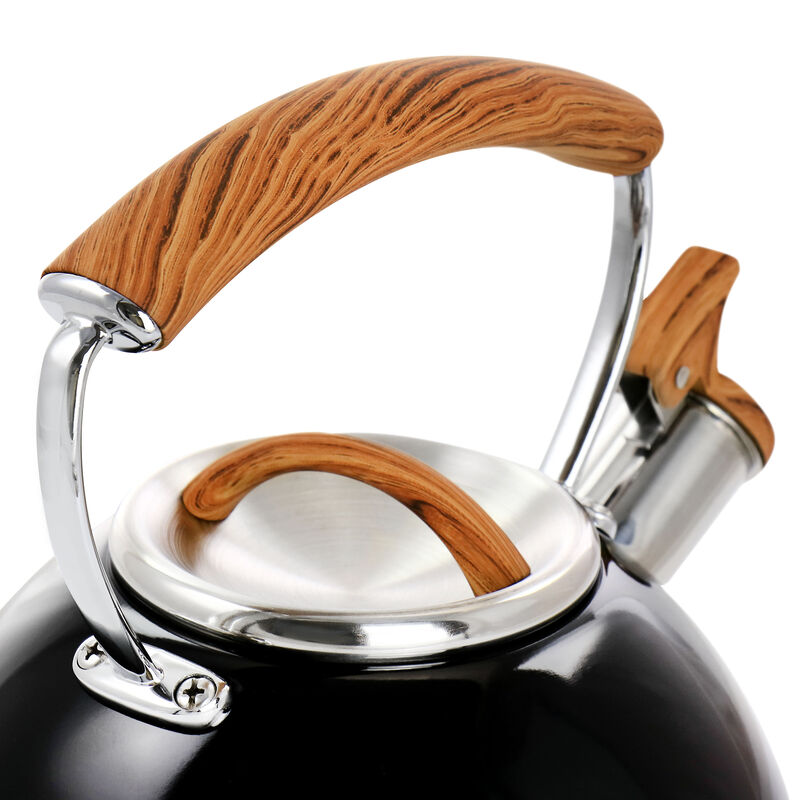 Mr. Coffee 2 Quart Stainless Steel Whistling Tea Kettle with Wood Pattern Handle in Black