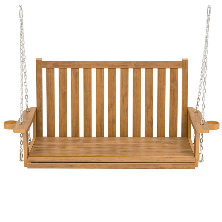 Mega Casa Poly Lumber Porch Swing with Cup Holders, 18/8 Stainless Steel Hanging Chains and Hardware, High Backrest and Deep Contoured Seat, Heavy Duty 900 LBS, All-Weather Resistant Bench Swing (Teak Tone)