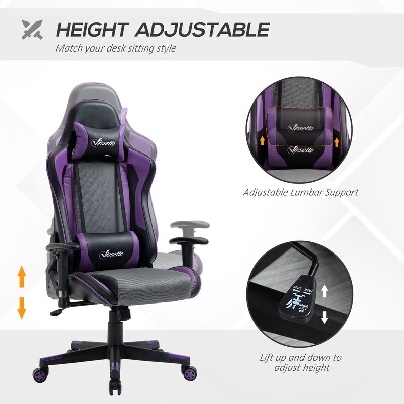 Black/Grey/Purple Ergonomic Gaming Office Chair: High Back Chair with Adjustable Height, Swivel Recliner, Head, and Lumbar Support