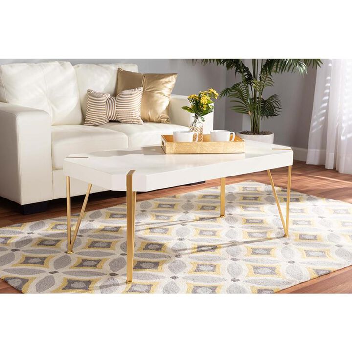 Glam and Luxe Brushed Gold Metal and White Finished Wood Coffee Table