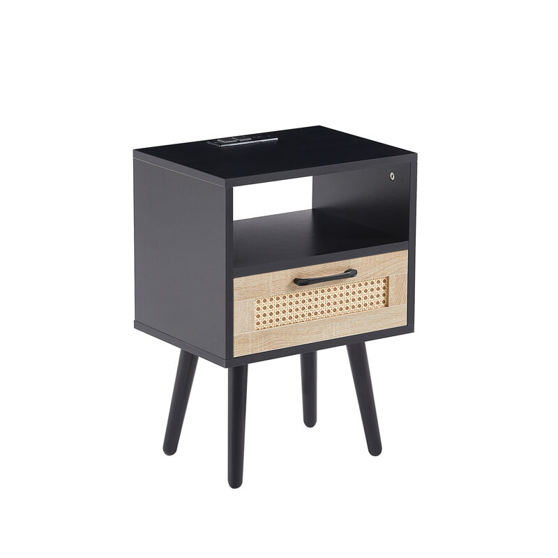 Rattan End table with Power Outlet & USB Ports , Modern nightstand with drawer and solid wood legs, side table for living room