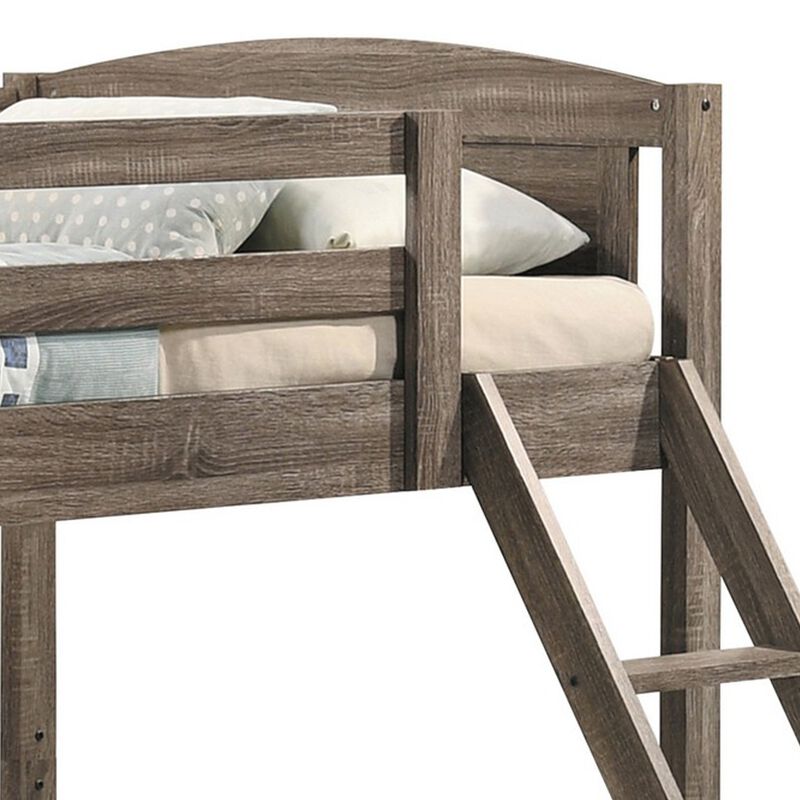 Twin over Full Bunk Bed Set, Slatted Guard Rails, Weathered Brown Wood - Benzara