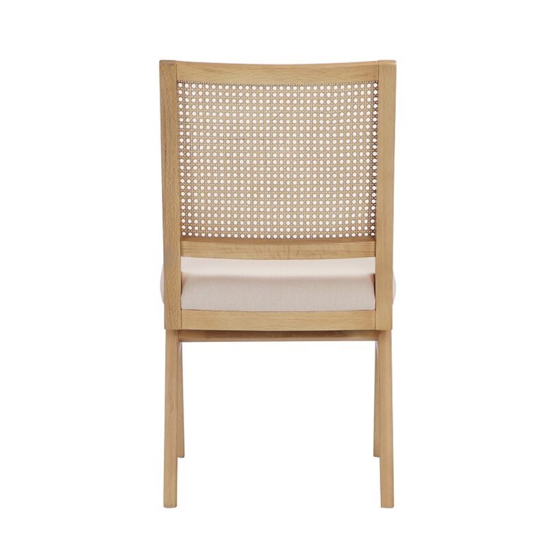 Isha Cane Side Dining Chair Set of 2, Cushioned Seat, White and Brown - Benzara