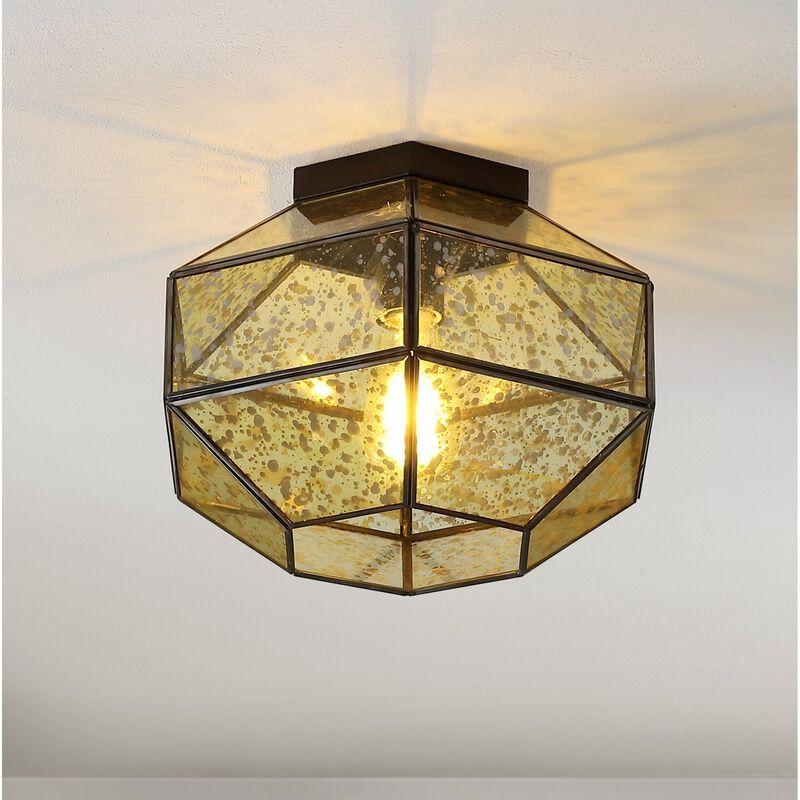 Evelyn 12.5" 1-Light Vintage Farmhouse Iron/Glass LED Flush Mount, Oil Rubbed Bronze