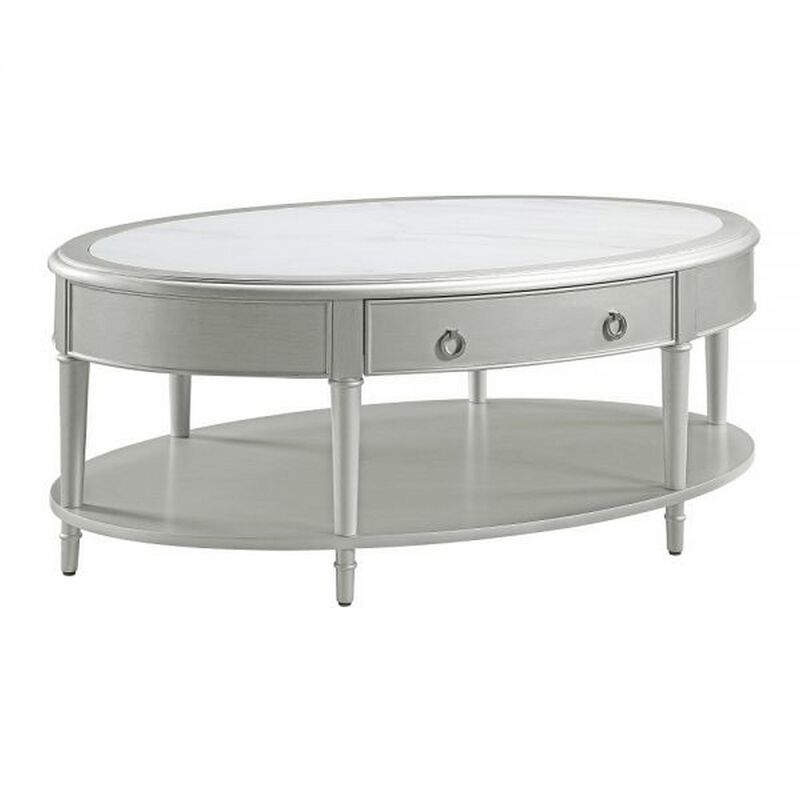 Kyna 50 Inch Coffee Table, Sintered Top, 1 Drawer, Classic Oval, Silver - Benzara