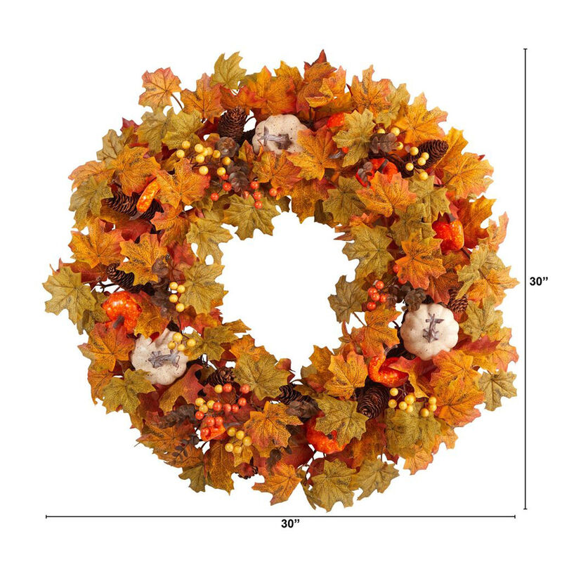 Nearly Natural 30-in Autumn Pumpkin and Maple Leaf Artificial Fall Wreath