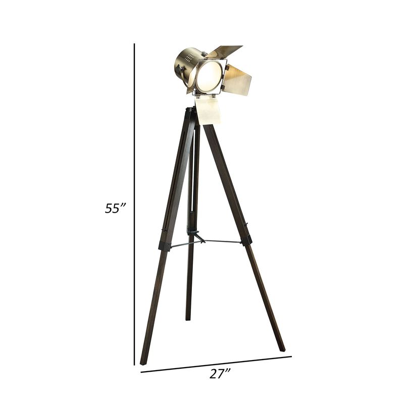 55 Inch Floor Lamp with Tripod Legs, Spotlight Design, Wood, Black Finish-Benzara