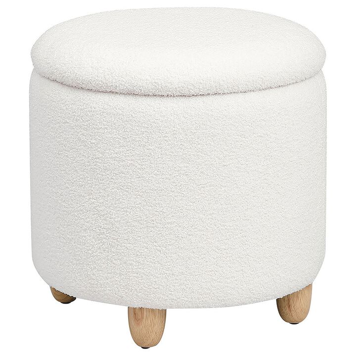 Aia 18 Inch Storage Ottoman, White Faux Sheepskin, Round Rubberwood Feet - Benzara