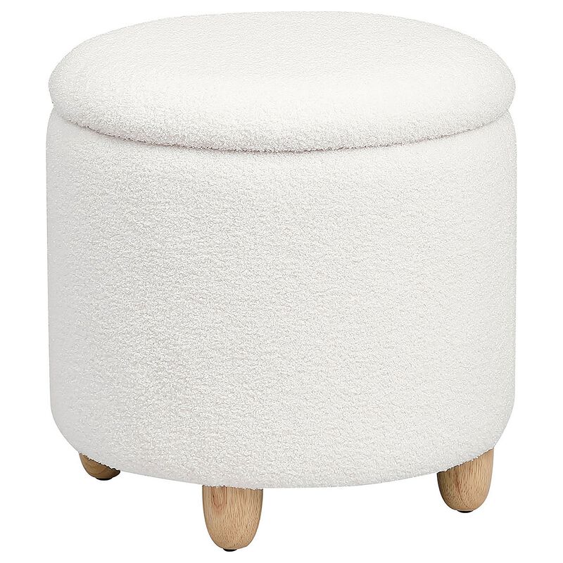 Aia 18 Inch Storage Ottoman, White Faux Sheepskin, Round Rubberwood Feet - Benzara