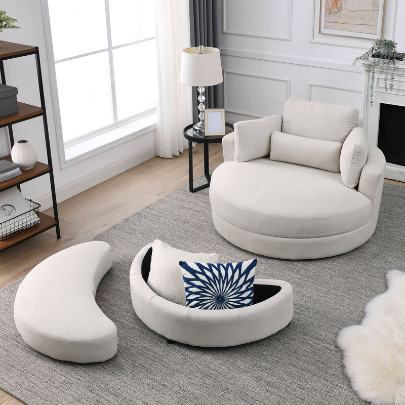 Welike Swivel Accent Barrel Modern Sofa Lounge Club Big Round Chair with Storage Ottoman Linen Fabric for Living Room Hotel with Pillows