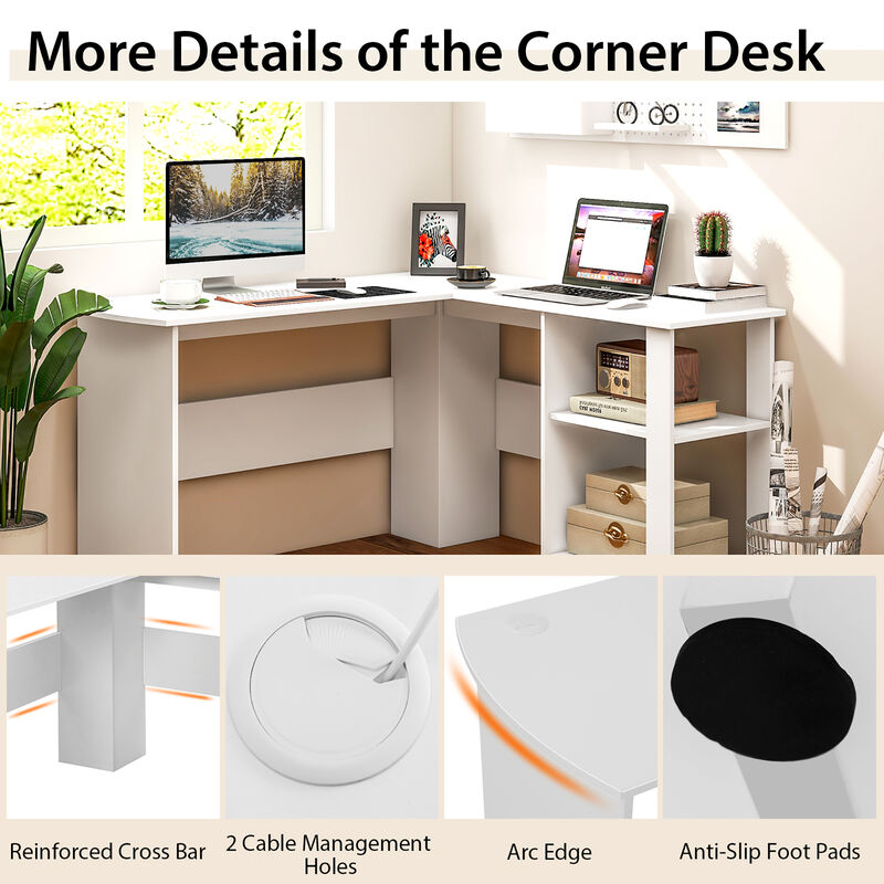 Costway L-shaped Corner Computer Desk Home Office Writing Workstation with Storage Shelves White