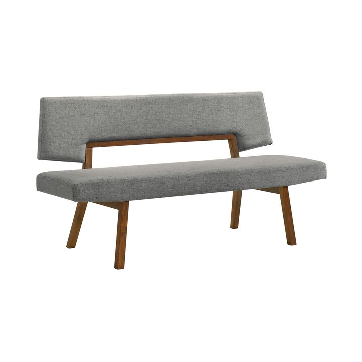 Yumi 63 Inch Dining Bench, Seat and Back with Charcoal Fabric, Walnut  - Benzara