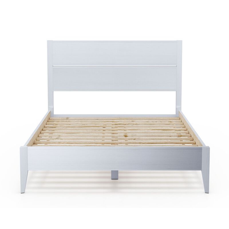 Hivvago Queen Size Rustic White Mid Century Slatted Platform Bed