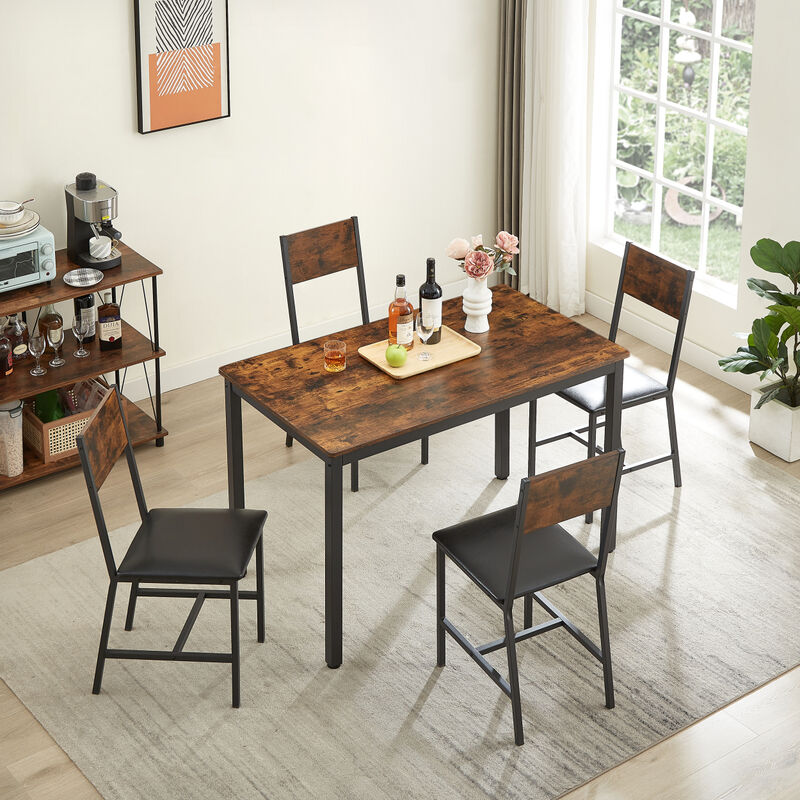 Dining Set for 5 Kitchen Table with 4 Upholstered Chairs, Rustic Brown, 47.2" L x 27.6" W x 29.7" H
