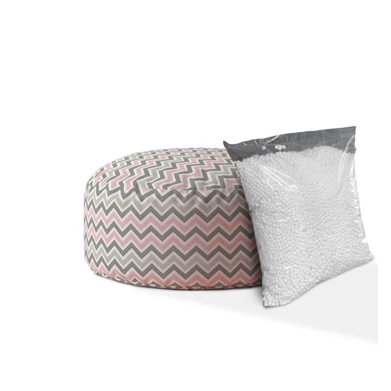 Homezia 24" Grey And Pink Twill Round Chevron Pouf Ottoman