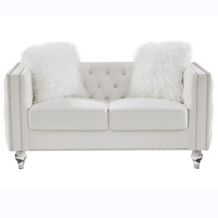 Velvet Sofa, Crystal Buckle Upholstery with Crystal Feet & Plush Pillows For Living Room