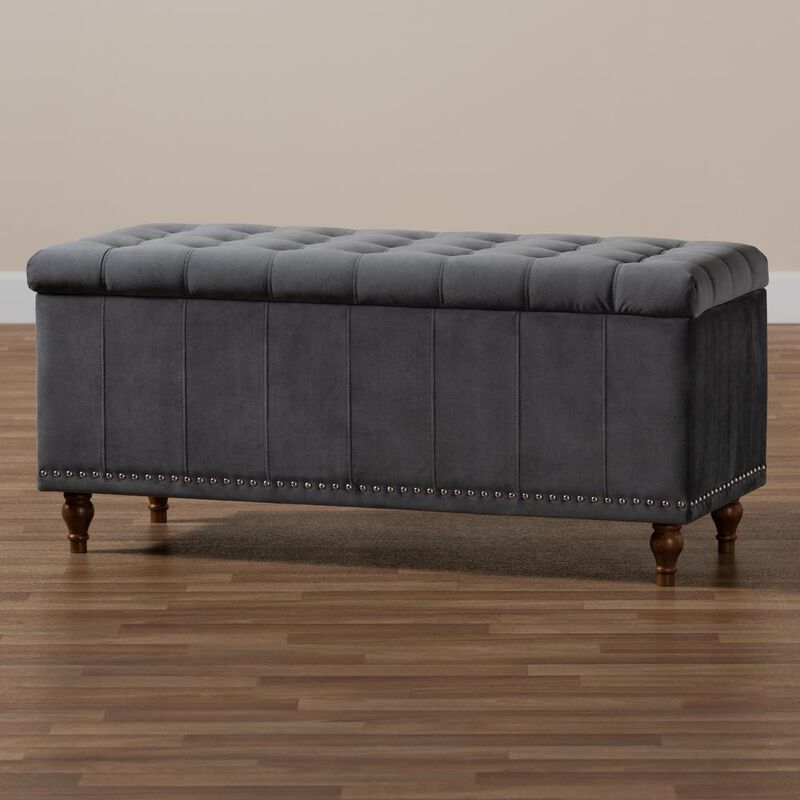 Grey Velvet Fabric Upholstered Button-Tufted Storage Ottoman Bench