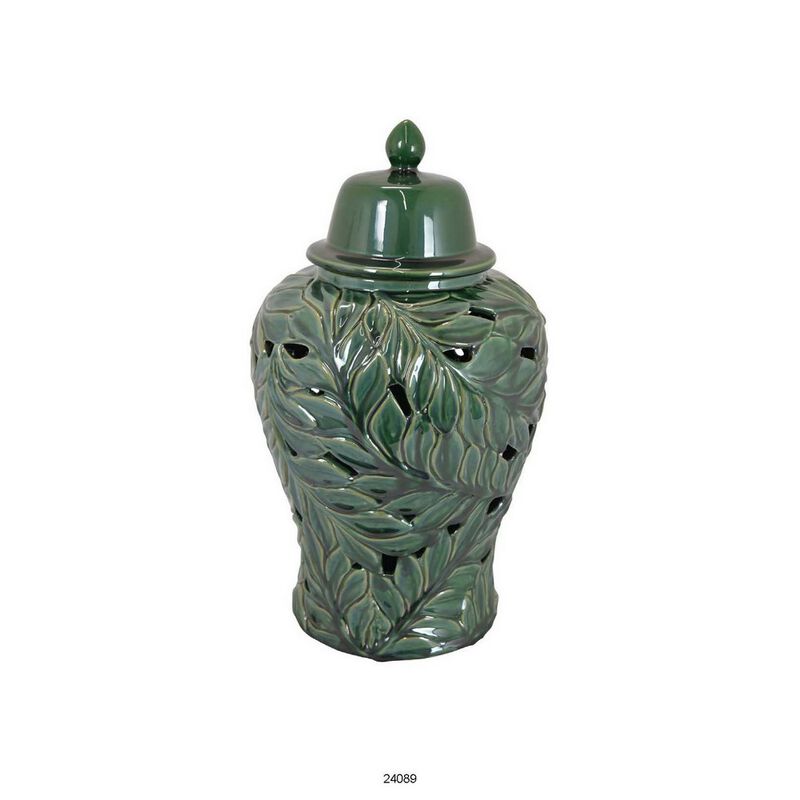 Heni 19 Inch Ceramic Temple Jar with Lid, Cut Out Leaf Motifs, Green Finish - Benzara