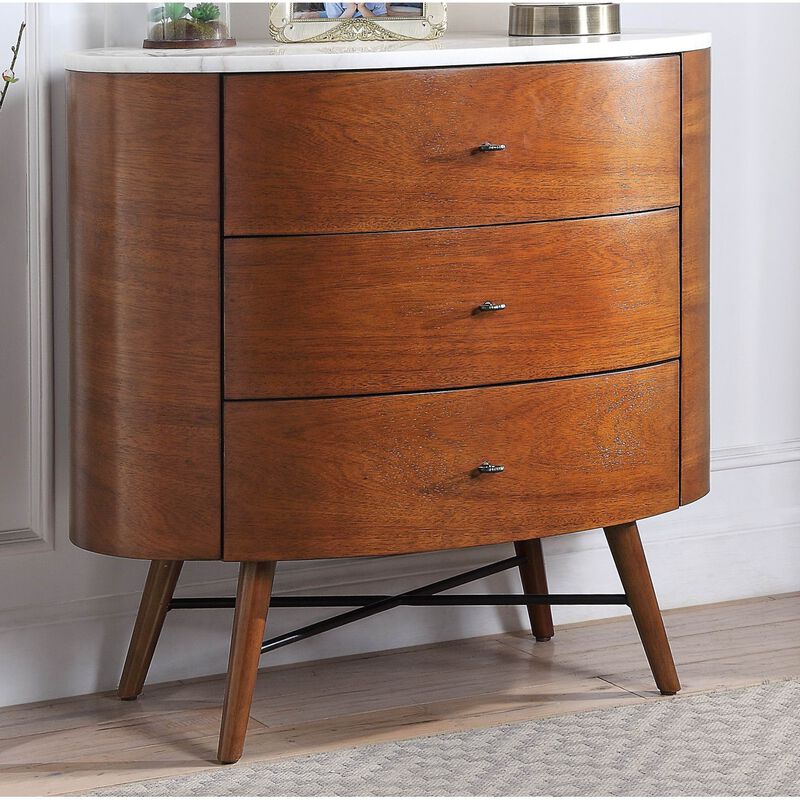 Walnut Finish 1pc Chest of Three Drawers Marble Top Ball Bearing Glides Bedroom Furniture