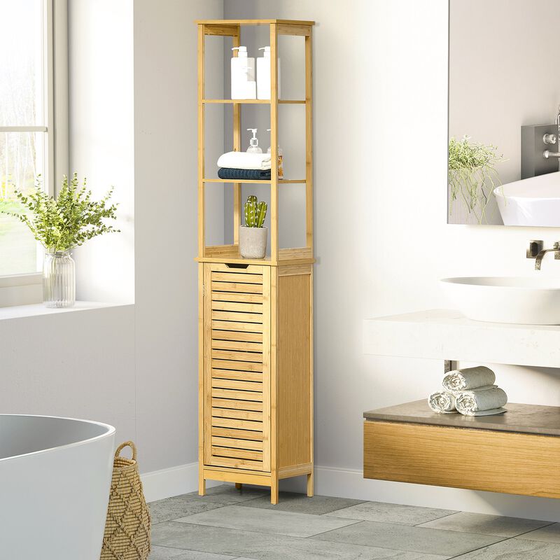 Natural Bathroom Tower: Slim Floor Cabinet with 3 Shelves