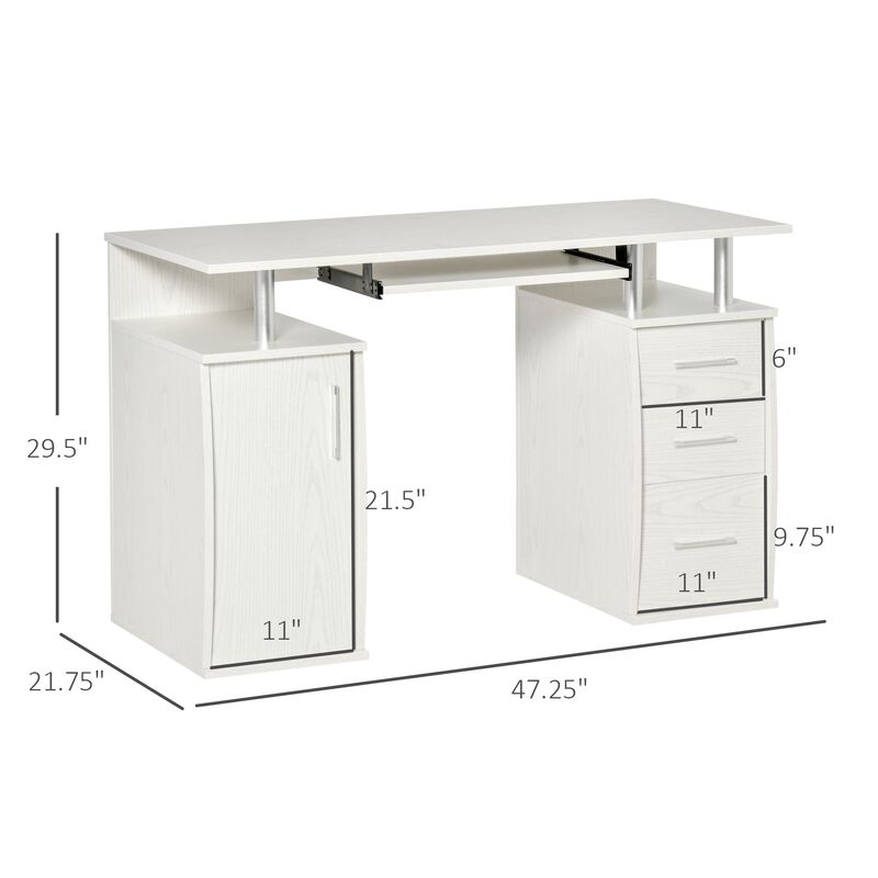 White Home Office: 47" Computer Desk with Keyboard Tray and Storage