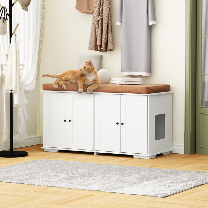 Cat Litter Box Enclosure for 2 Cats, Modern Hidden Litter Box Furniture, Indoor Cat Washroom Bench for Living Room White