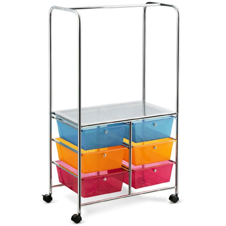 6 Drawer Rolling Storage Cart with Hanging Bar