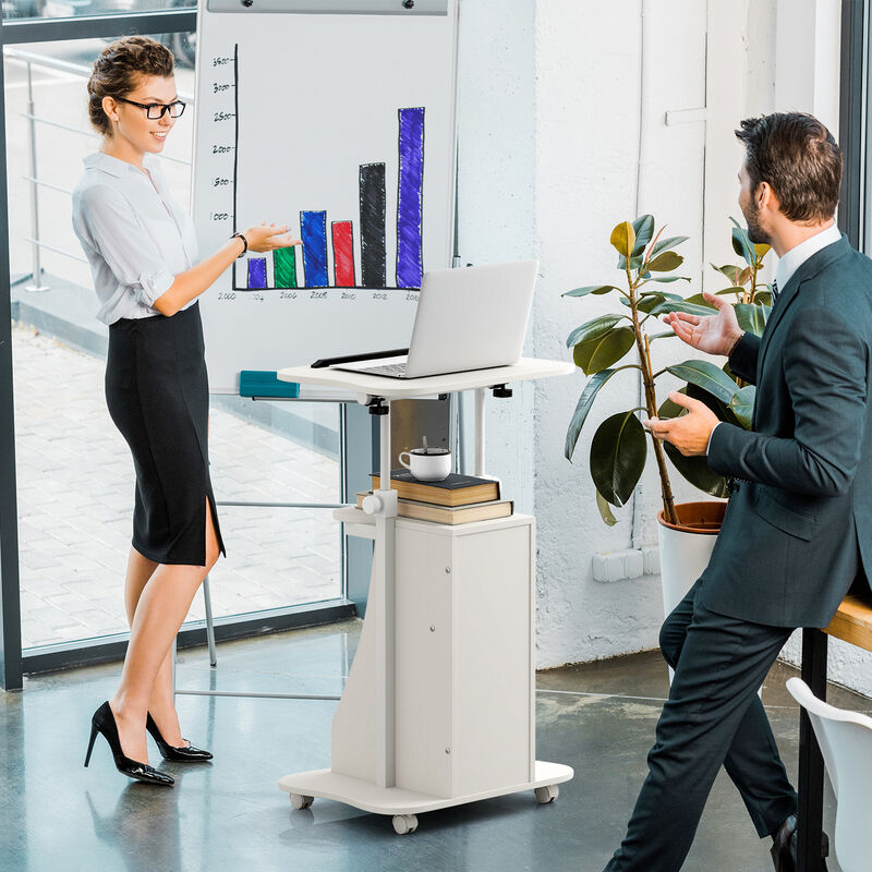 Adjustable Mobile Standing Desk Cart with Tilt Desktop and Cabinet