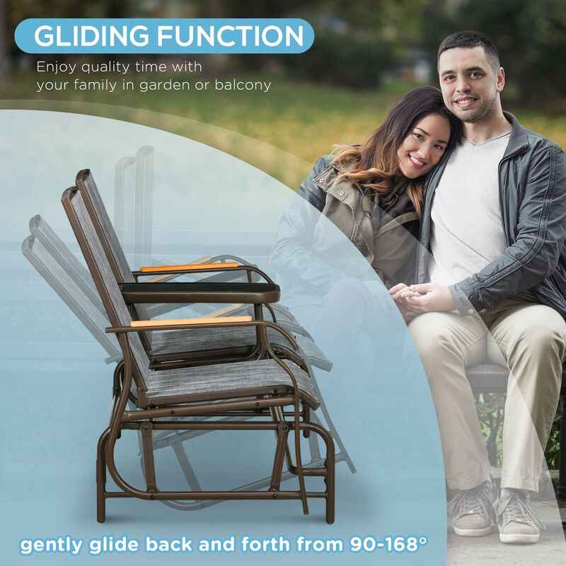 Outsunny 2 Person Outdoor Glider Bench, Patio Swing Glider Chair Loveseat with Breathable Mesh, Table, Steel Frame for Garden, Backyard, Porch, Gray