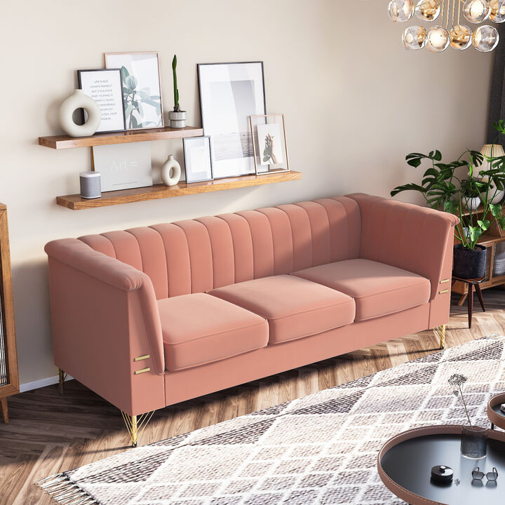 Modern Pink Velvet 3-Seat Sofa with Golden Metal Legs