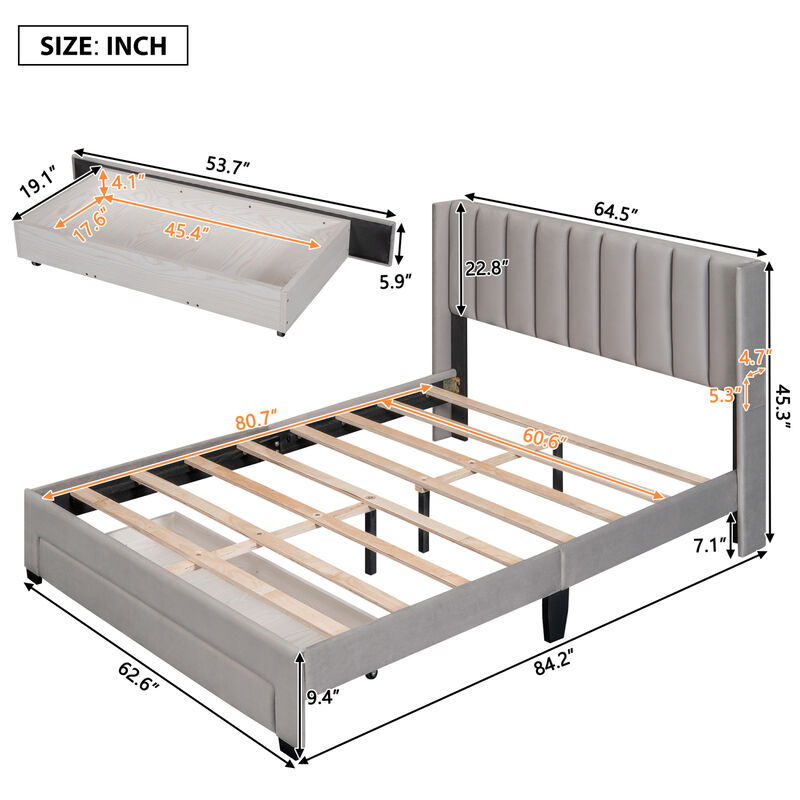 Queen Size Storage Bed Velvet Upholstered Platform Bed with a Big Drawer