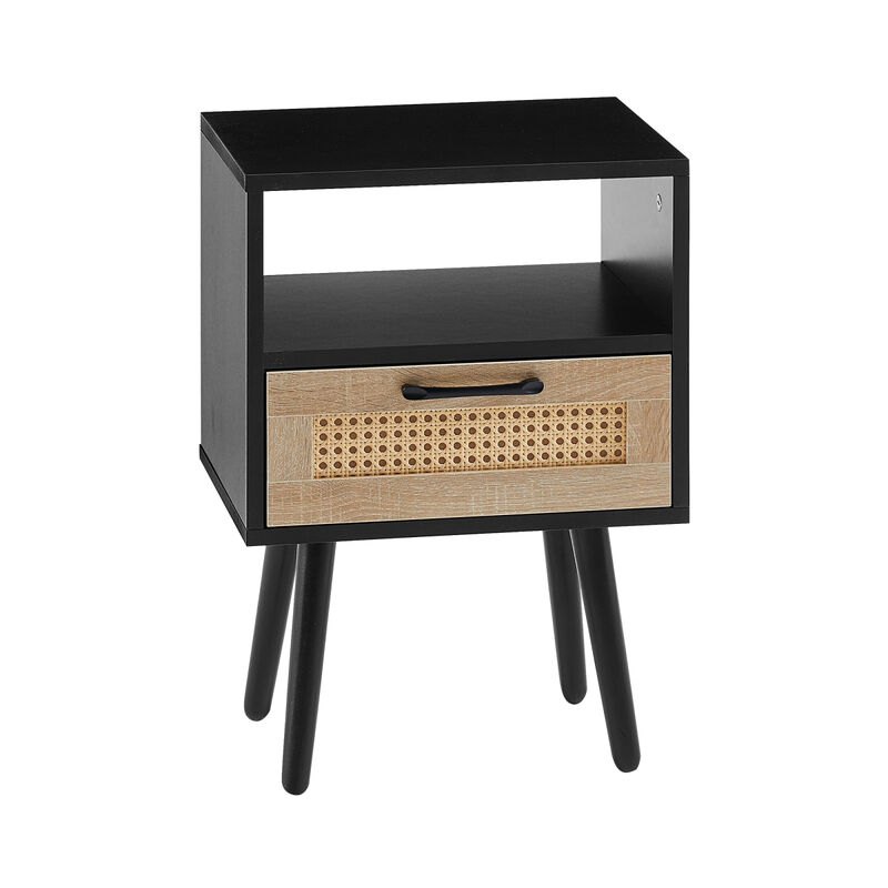 Rattan End table with drawer and solid wood legs, Modern nightstand, side table for living roon, bedroom, black