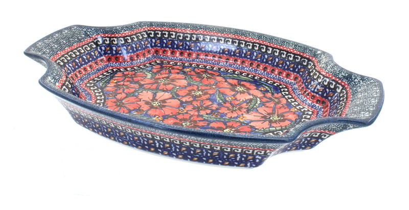 Blue Rose Polish Pottery Flowering Peacock Large Serving  Tray