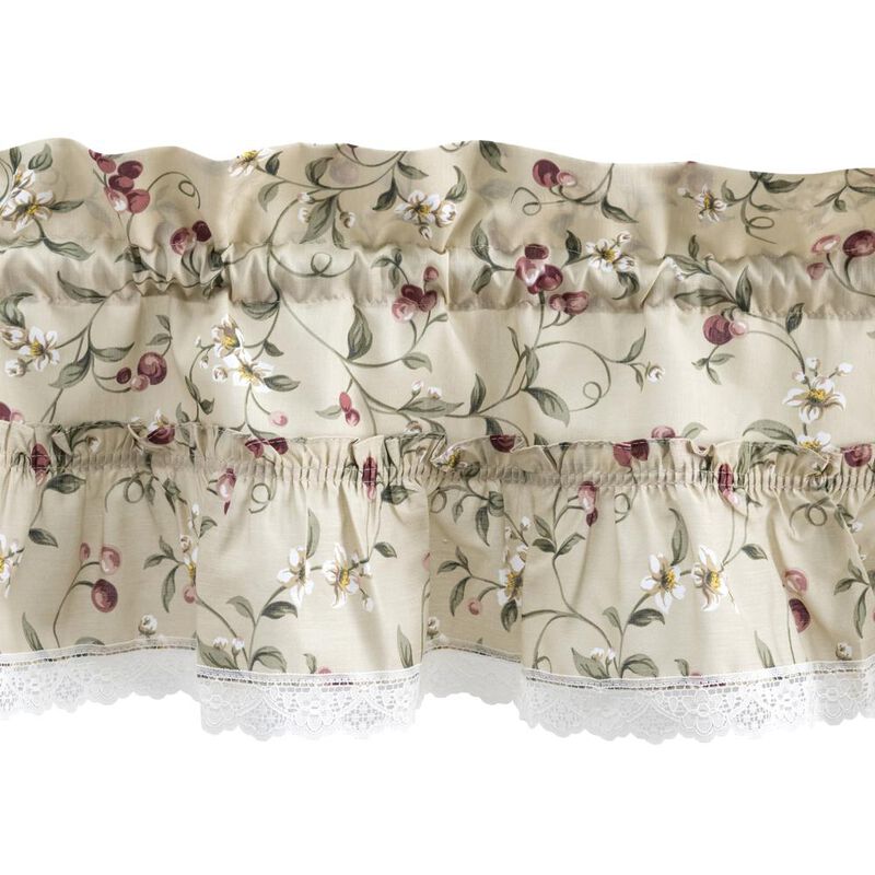 Ellis Curtain Cherries Ruffled 1.5" Rod Pocket Swag for Windows Lace Edge 58" x 36" Natural