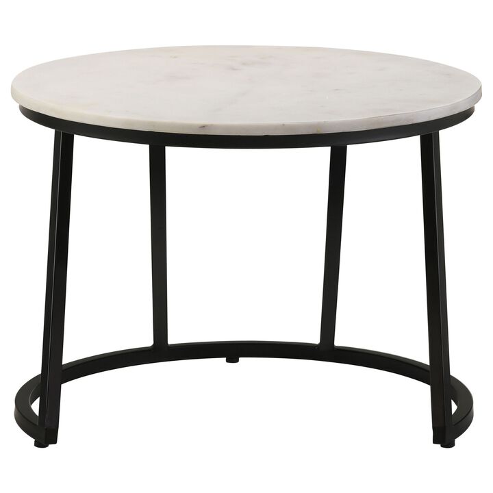 24 Inch Accent Coffee Table, White Marble Top, C Base, Black Metal Finish - Benzara