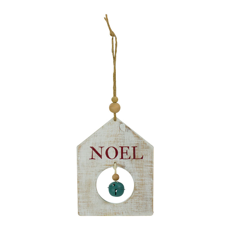 8" Rustic Wooden White "NOEL" With Green Bell Christmas Ornament