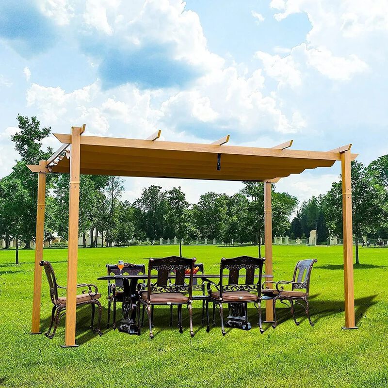 MONDAWE 10 ft. x 13 ft. Outdoor Pergola Aluminum Wood Looking Frame Retractable Canopy Heavy Duty Grape Trellis Sunshade Cover