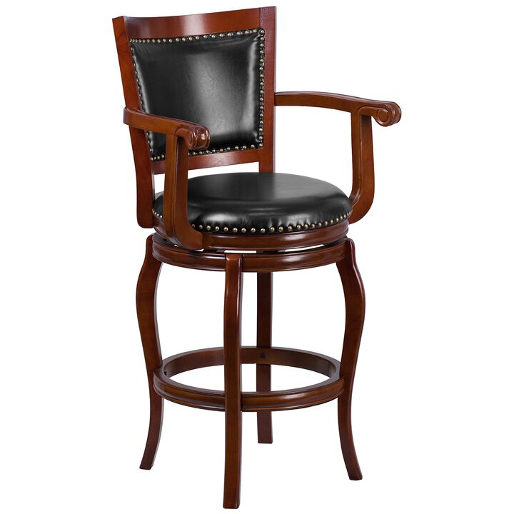 Flash Furniture Vestina 30'' High Cherry Wood Barstool with Arms, Panel Back and Black LeatherSoft Swivel Seat