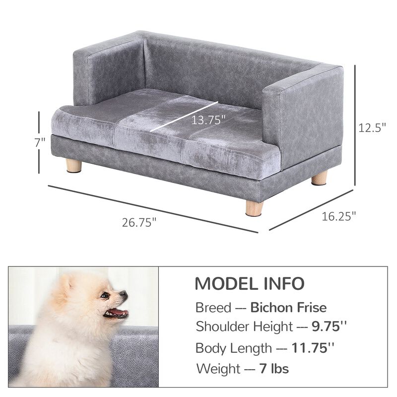 Grey Pet Sofa: Small Dog/Cat Bed with Faux Leather Combo