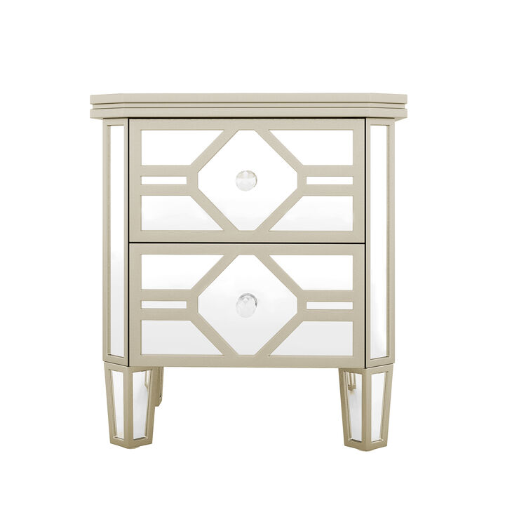 Elegant Mirrored 2-Drawer Side Table with Golden Lines for Living Room, Hallway, Entryway