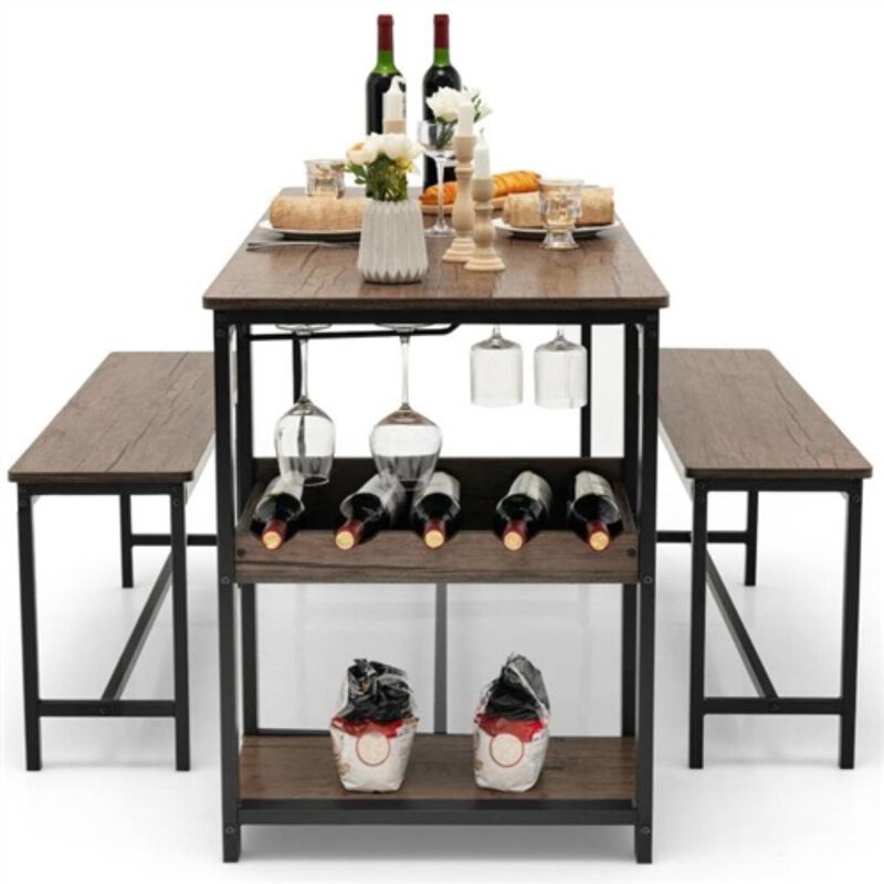 Hivvago Modern Industrial 3 Piece Metal Wood Dining Set with 2 Benches and Wine Rack