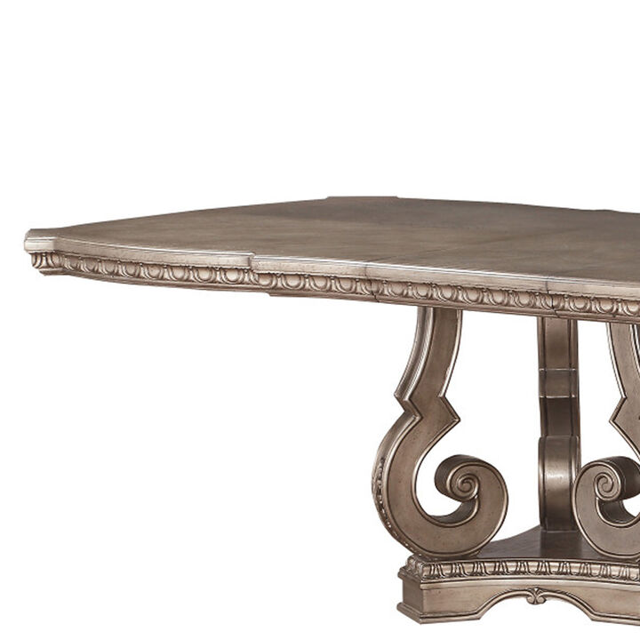 Wooden Extendable Dining Table With Double Pedestal Base, Silver - Benzara