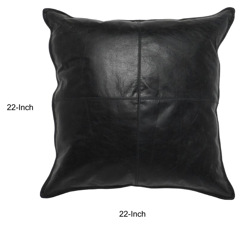 Norm 22 Inch Square Leather Decorative Throw Pillow, Stitched, Black-Benzara