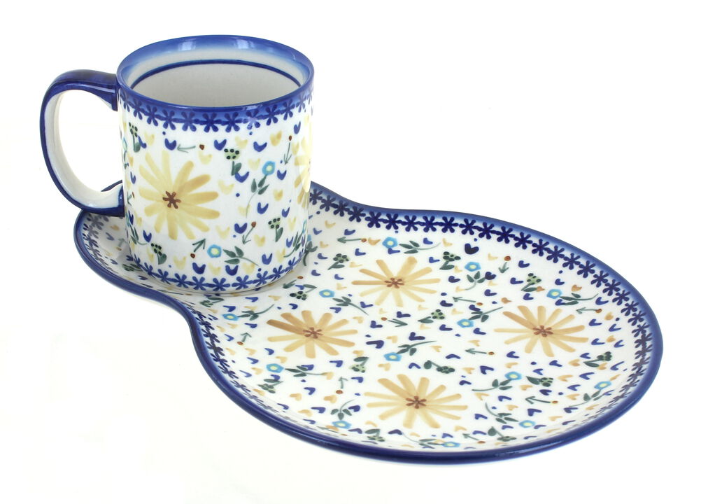 Blue Rose Polish Pottery Yellow Daisy Oval Breakfast Plate & Mug Set