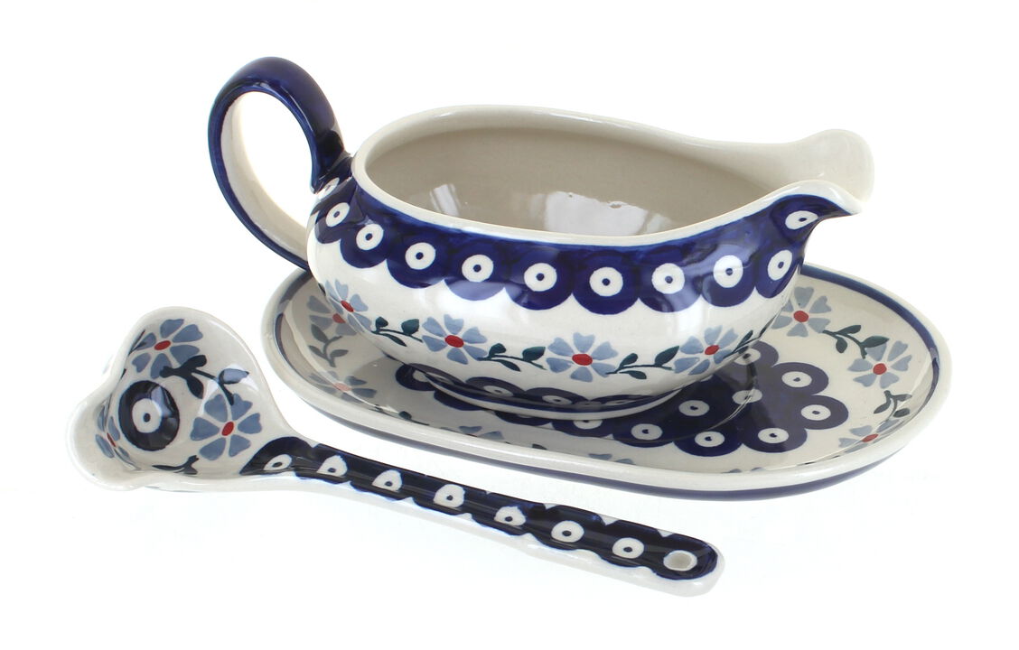 Blue Rose Polish Pottery Sage Floral Gravy Boat & Ladle