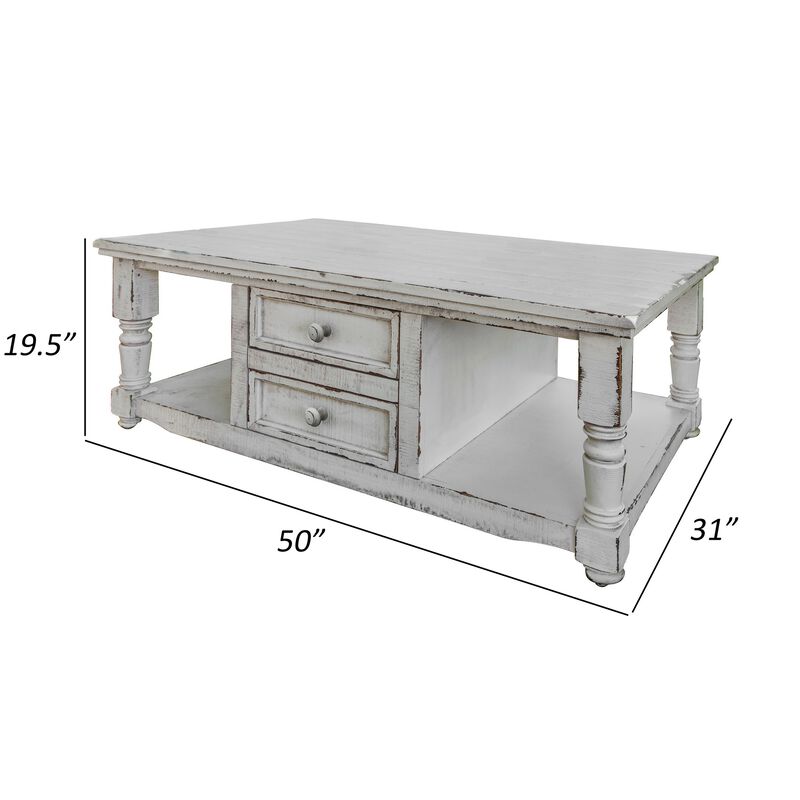 Genie 50 Inch Cocktail Coffee Table, 4 Drawer, Shelves, White Mango Wood-Benzara