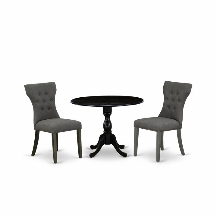 East West Furniture East West Furniture DMGA3-ABK-50 3 Piece Dining Set Contains 1 Drop Leaves Table and 2 Dark Gotham Grey Linen Fabric Dining Chairs Button Tufted Back with Nail Heads - Wire Brushed Black Finish