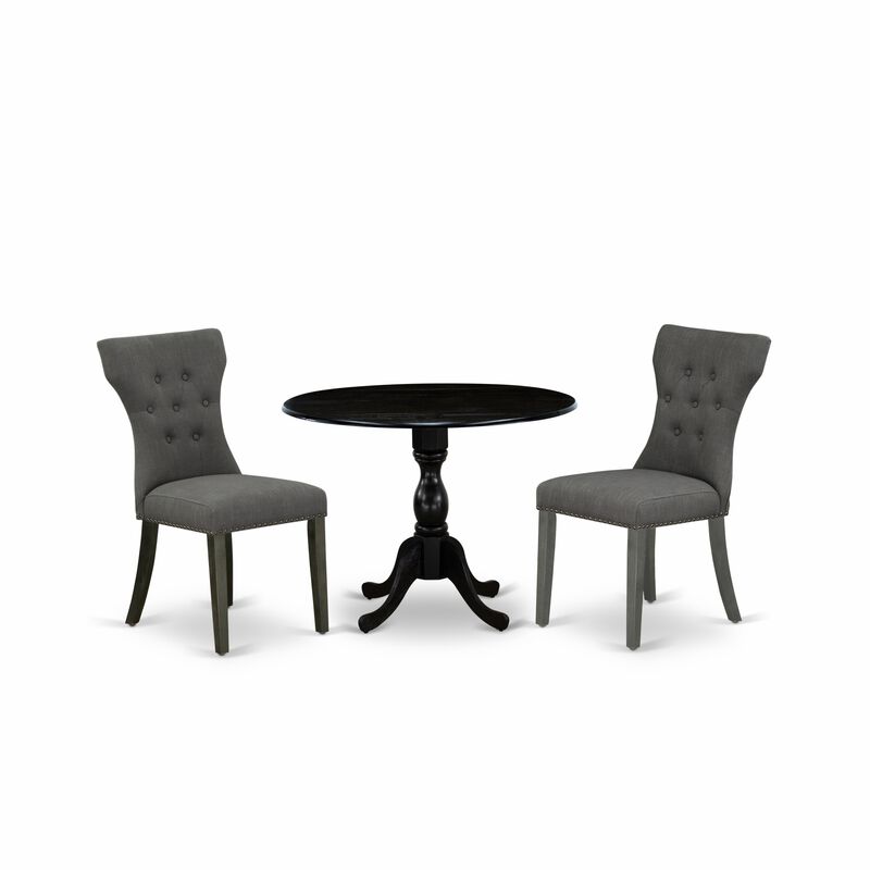 East West Furniture East West Furniture DMGA3-ABK-50 3 Piece Dining Set Contains 1 Drop Leaves Table and 2 Dark Gotham Grey Linen Fabric Dining Chairs Button Tufted Back with Nail Heads - Wire Brushed Black Finish