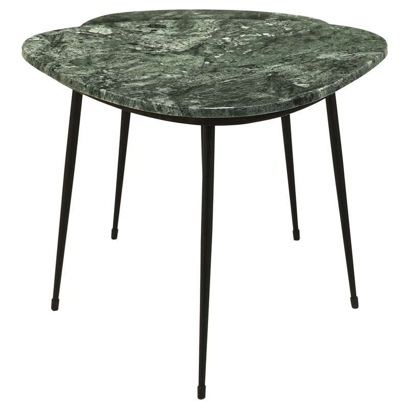 2 Piece Nesting Accent Table Set, Triangular Marble Top, Green, Black - Benzara